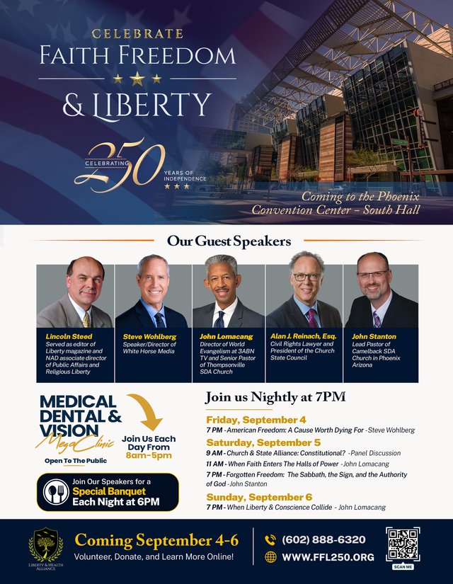 Conference flyer — Celebrate Faith Freedom & Liberty, celebrating 250 years of independence, September 4–6, Phoenix Convention Center South Hall